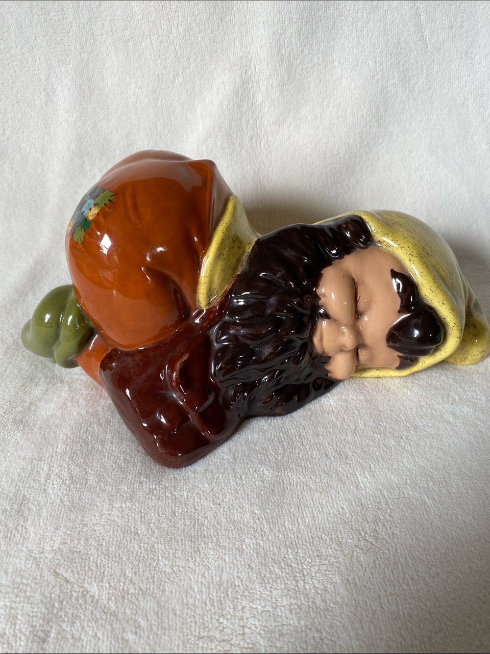 Source Unknown Ceramic Sleeping Gnome in Orange, Brown, Yellow and Green